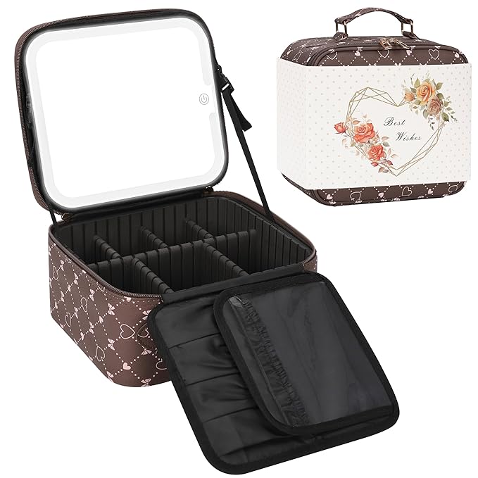 Relavel Travel Makeup Bag With LED Mirror, Brown Bowknot