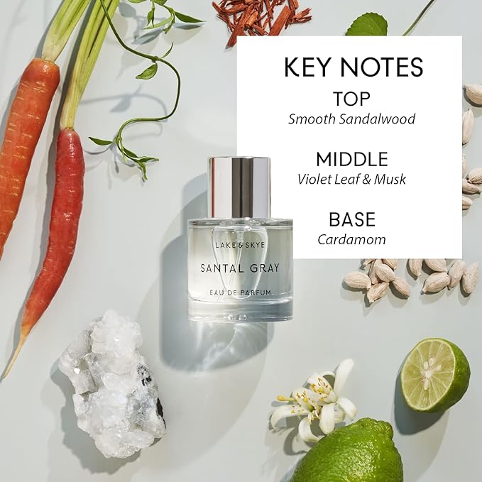 Lake & Skye Santal Gray Eau de Parfum, Long Lasting Fragrance, 1.7 fl oz (50 ml) - Santal, Cardamom, Sandalwood, Earthy, Musk, Vegan, Paraben-Free, Cruelty-Free