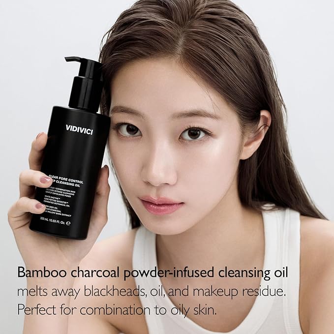 VIDIVICI Clear Pore Control Cleansing Oil 10.14 fl.oz | Makeup remover with blackhead care, Korean facial cleanser for oily skin, Sebum control with Bamboo Charcoal Powder, Korean skin care