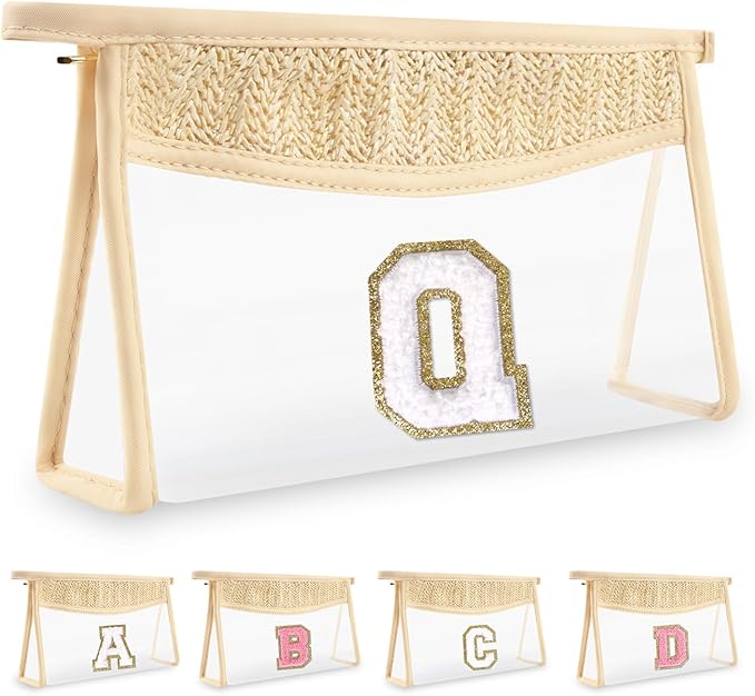 UIXIZQ Personalized Initial Letter Bag Boho Straw Clear Makeup Bag,Small Cute Chenille Varsity Letter Pouch With Zipper,Beach Travel Toiletry,Portable Monogrammed Cosmetic Bag for Women Girls,Q