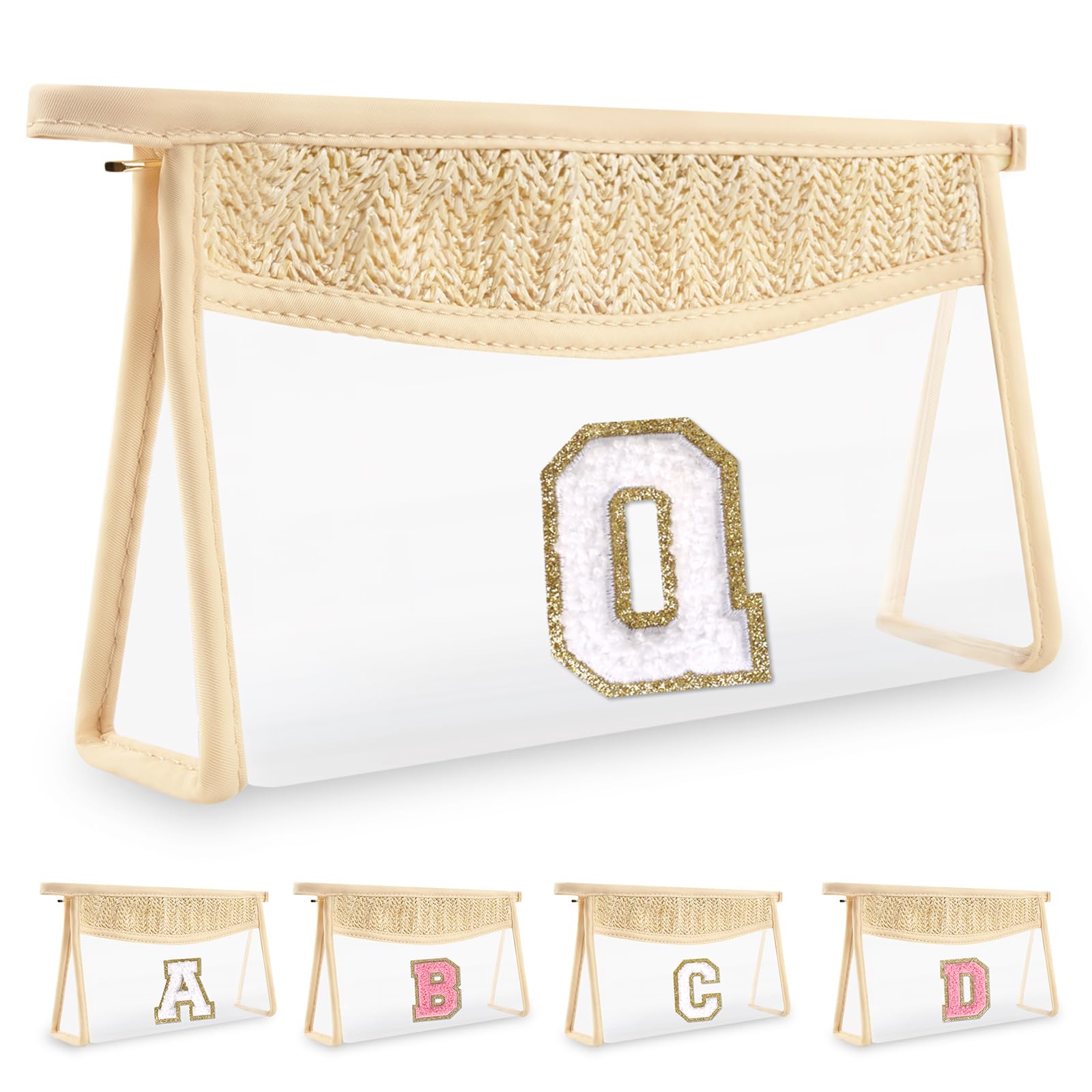 UIXIZQ Personalized Initial Letter Bag Boho Straw Clear Makeup Bag,Small Cute Chenille Varsity Letter Pouch With Zipper,Beach Travel Toiletry,Portable Monogrammed Cosmetic Bag for Women Girls,Q