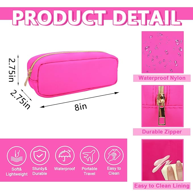 Small Pencil Case Makeup Bag for Purse, Cute Pencil Pouch Preppy Nylon Makeup Brush Bag with Zipper, Girls Portable Stationery Storage Case Small Pen Bag for Office School College(Slim-Bubblegum)