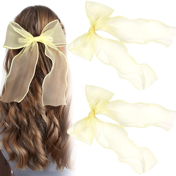SmallCat 2Pcs Large Hair Bow Clips, Yellow Silk Lace Ribbon Bow for Women, Elegant Long Tail Bowknot French Hair Styling Barrette for Wedding, Parties, Daily Use