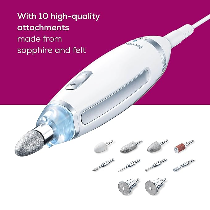 Beurer MP62 Professional Nail Drill Kit, Portable Electric File Machine with 10 Attachments & 10 Sanding Bands, Efile Dremel for Acrylic Gel Manicure and Pedicure, LED Light, with Storage Case
