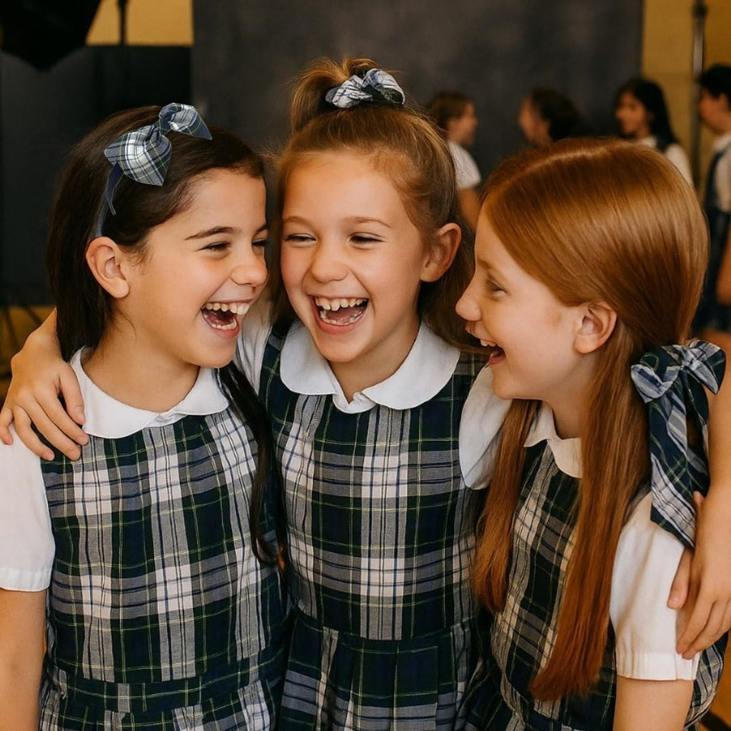 ClassExceed School Uniform Plaid, Plaid Scrunchie, Back to school, handmade school uniform hair accessories (White forest Yellow Navy Plaid80)