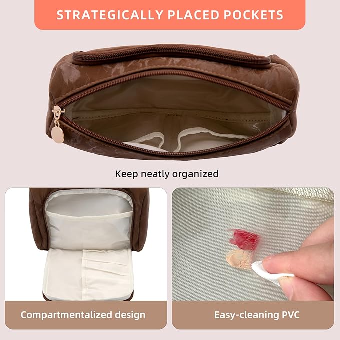 YIYIDSTO Cosmetic Bag Travel Makeup Bag Large Capacity Small Travel Zipper Pouch Makeup Organizer Bag for Women (Brown-2 Pack)