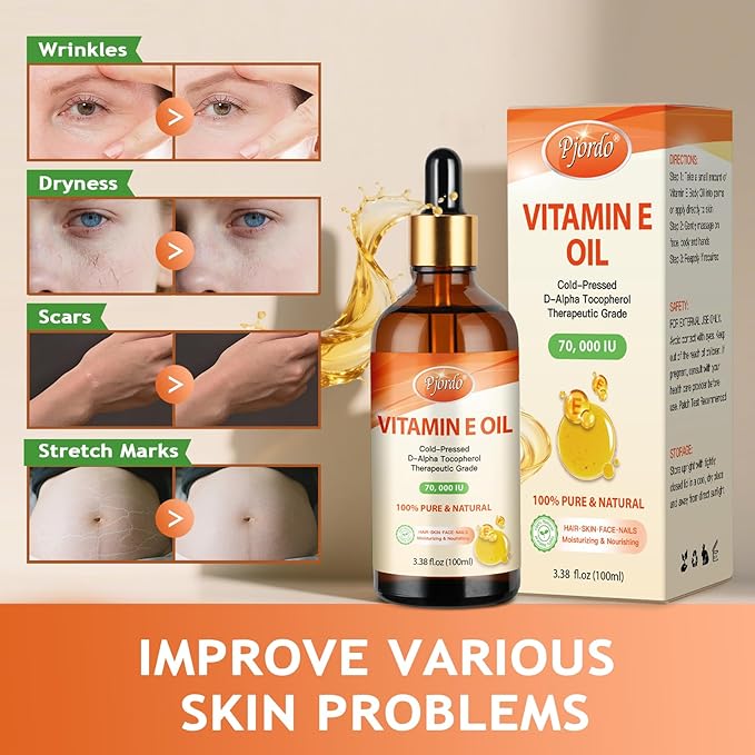 Pjordo Vitamin E Oil - 100% Pure & Natural, 70,000 IU Cold-Pressed Organic Vitamin E Oil for Skin, Face, Hair, Nails & Scars, D-Alpha Tocopherol Rich, Deep Moisturizing and Firming Skin
