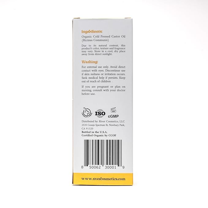 River Cosmetics Organic Castor Oil, Cold Pressed in Glass Bottle for Naturally Nourishing Hair Care and Skincare, USDA Certified Organic 100% Pure Castor Oil, Hexane Free, 2 Fl Oz.