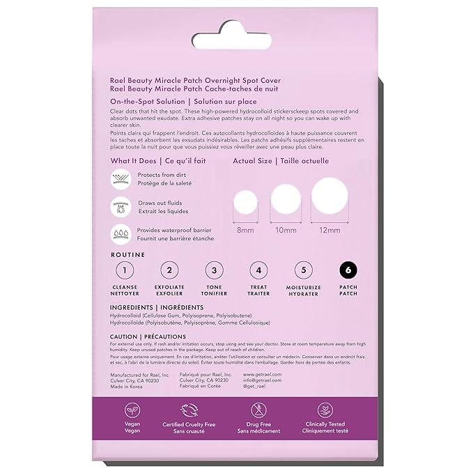 Rael Pimple Patches - Miracle Overnight Spot Cover, Thicker & Extra Adhesion, Hydrocolloid Acne Pimple Patch for Face, Zits & Blemishes, Korean Skin Care, 3 Sizes (52 Count)