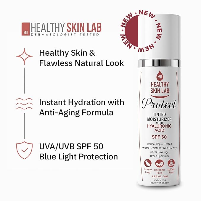 Healthy Skin Lab Protect Tinted Moisturizer SPF 50, Sheer Universal Tint, Lightweight Hydrating Mineral Sunscreen for Face, Hyaluronic Acid, Broad-Spectrum Daily SPF, Dermatologist-Tested, 1.8 oz