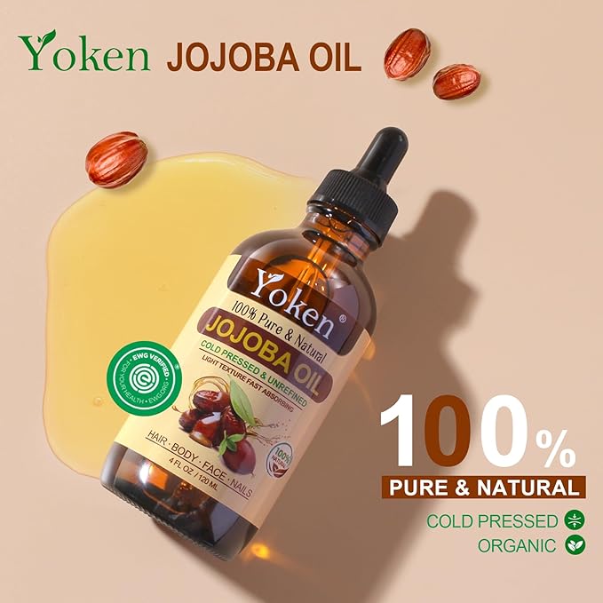 Yoken Organic Jojoba Oil 4oz with dropper, Pure for Nails, Face & Skin Care