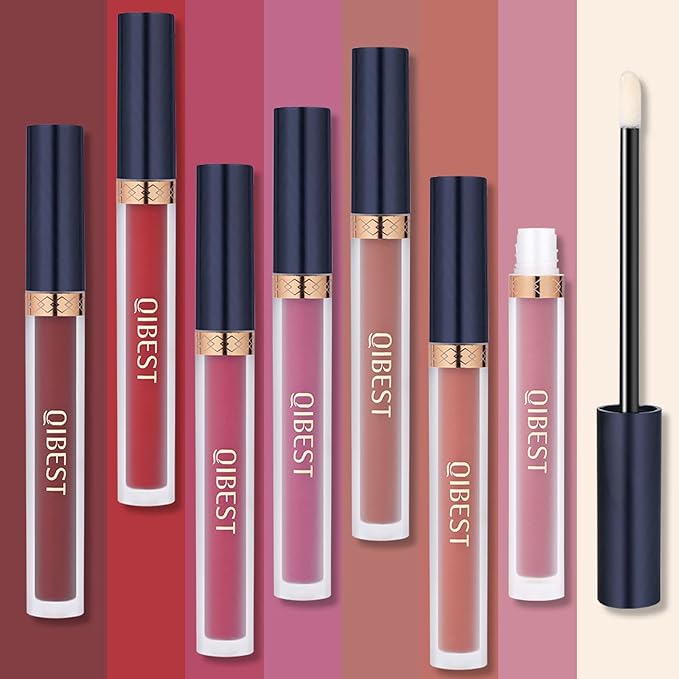 QiBest 7Pcs Matte Liquid Lipstick + 1Pcs Lip Plumper Makeup Set Kit, Pigmented Long Lasting Lip Gloss Set, Velvet Waterproof Halloween Lip Makeup Valentine's Day Gift Sets for Girls and Women