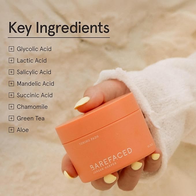 Barefaced Toning and Exfoliating Pads | Glycolic and Salicylic Acid Face Wipes for Blemishes, Dark Spots, and Uneven Texture | Daily Resurfacing Peels for Clear, Glowing Skin (60 Pads)