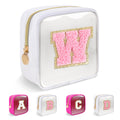 Personalized Initial Letter Clear Preppy Makeup Bag,Mini Nylon Chenille Letter Cosmetic Bag Cute Zipper Pouch Purse for Teen Girls,Portable TSA Approved Beach Travel Essentials Bag Gift for Women,W