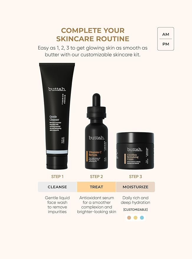 Buttah Skin 3pc Transforming Skincare Kit for Melanin | Rich Skin Revitalizing CocoShea Cream Moisturizer 2 oz | 15% Vitamin C Serum 1 oz | Buttah Cleanser 3.4 oz | Black Founded Skincare