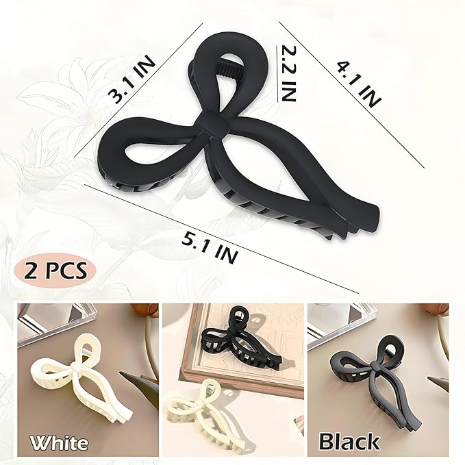 Oneasmot Bow Hair Clips, 5-IN Large Hair Claw for Thick and Thin Hair, Elegant Matte Hair Styling Accessories, Set of 2, Black & White