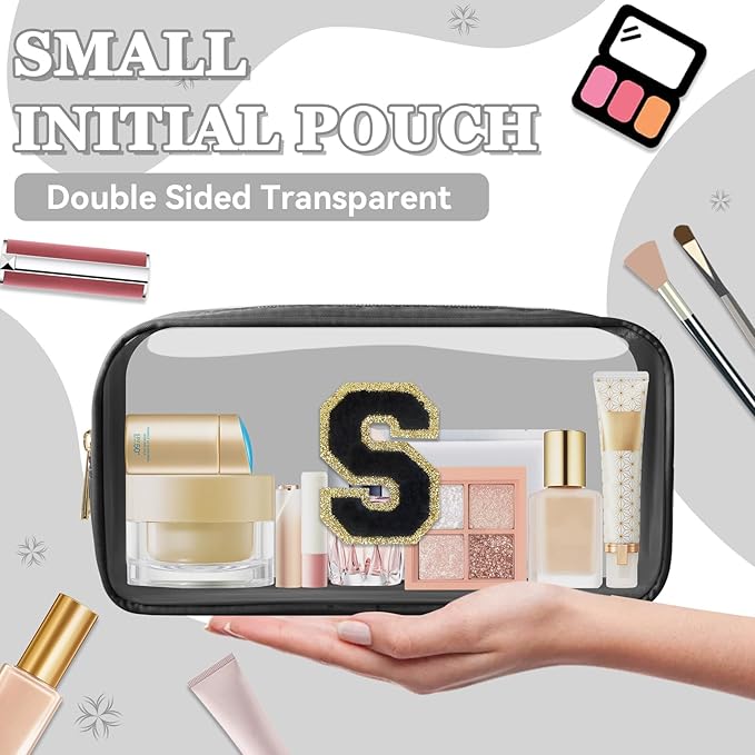 Small Clear Personalized Initial Makeup Bag,Nylon Preppy A-Z Chenille Letter Patch Cosmetic Pouch Beach Toiletry Bag,Waterproof Zipper Travel Purse Storage Bag Organizer for Women Girls(Black-Black S)