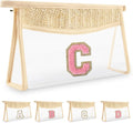 Small Boho Straw Initial Letter Makeup Bag Personalized Gift,Cute Clear Chenille Patch Makeup Bag With Zipper,Trendy TSA Approved Travel Toiletry Bag,Gift for Women Girls Birthday Friend, Letter C