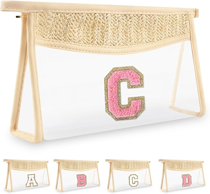 Small Boho Straw Initial Letter Makeup Bag Personalized Gift,Cute Clear Chenille Patch Makeup Bag With Zipper,Trendy TSA Approved Travel Toiletry Bag,Gift for Women Girls Birthday Friend, Letter C