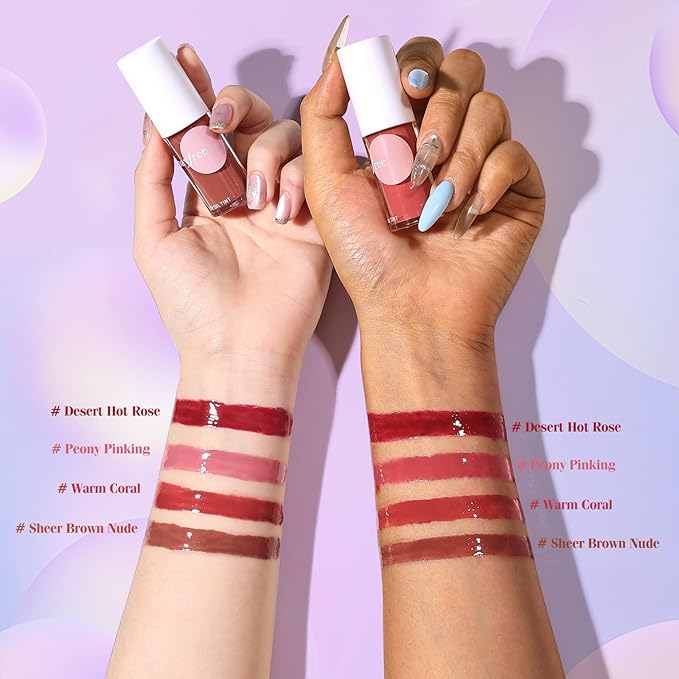bayfree Tinted Lip Oil Stain Set 4 Shades, Non-Sticky Long-Lasting Hydrating High Shine Lip Gloss with Vitamin E, Fragrance-Free Vegan Korean Liptint for Dry Lips, Under Lipstick & Daily Wear