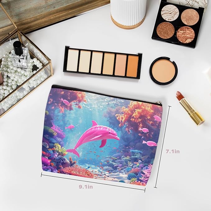 Wenboco Pink Dolphin Makeup Bag, Travel Makeup Case Cosmetic Bags for Women