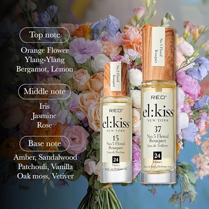 EL:KISS Roll On Perfume, No 5 Floral Bouquet, Eau de Parfum 12mL (.40 Fl Oz), Hydrating & Long-Lasting, Alcohol & Mineral Oil-Free, Infused with Jojoba, Argan & Coconut Oil