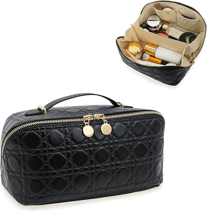 JINYIBAGS Travel Makeup Bag – Large Cosmetic Organizer with Waterproof PU Leather, Smooth Double Zipper & Tear-Resistant Lining, Toiletry Pouch for Women (Black)