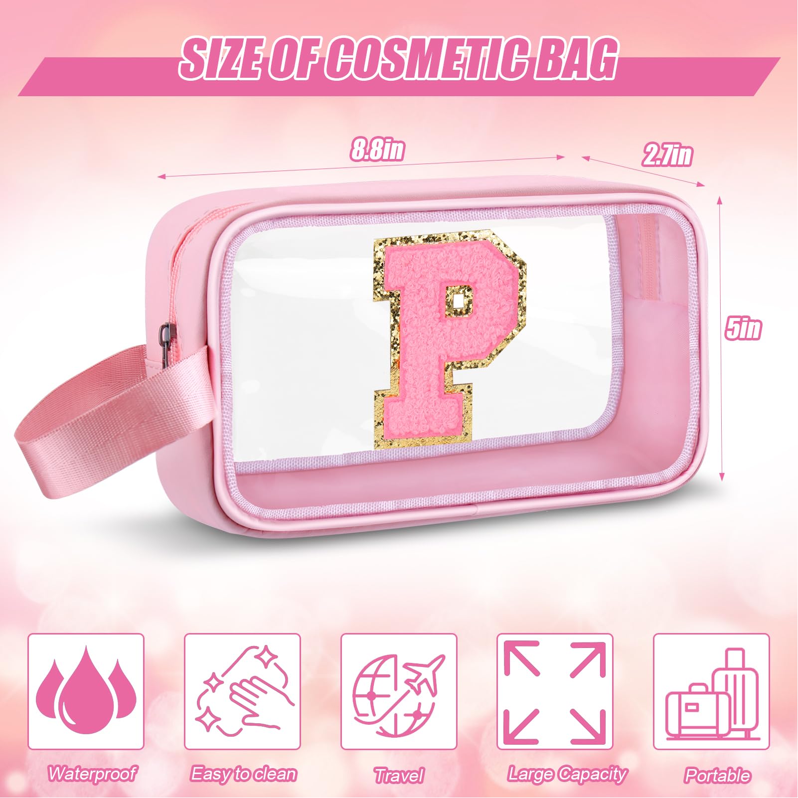 Vodolo Initial Makeup Bag,Letter P Cute Clear Monogrammed Cosmetic Travel Bag for Womens Girls,Personalized Pink Aesthetic Traveling Make Up Organizer Bag for Beach,Waterproof Toiletry Bag