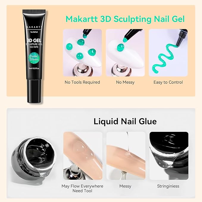 Makartt 3D Nail Gel, 15g Tinsel Green Sculpting Gel Glue for Drawing