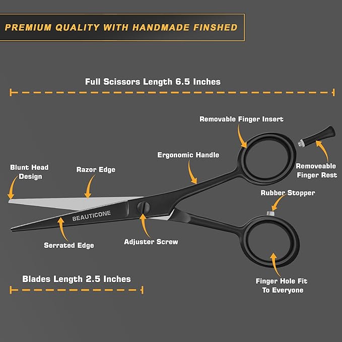 BEAUTICONE ® Hair Cutting Scissors - High Carbon SS 6.5" Professional Barber-Grade Salon Shears with Serrated & Razor Edge - Matt Finish with Pouch & Finger Inserts - Ultra Lightweight