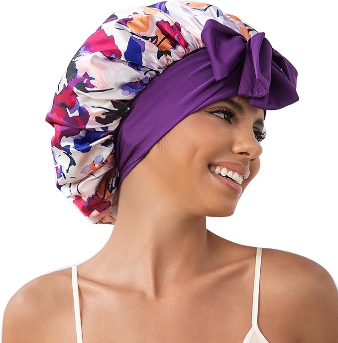 GDTOGRT Satin Silk Bonnet for Sleeping Women, Double Layer Sleep Hair Bonnets Caps for Curly Natural Hair with Tie Band - Purple-Mix