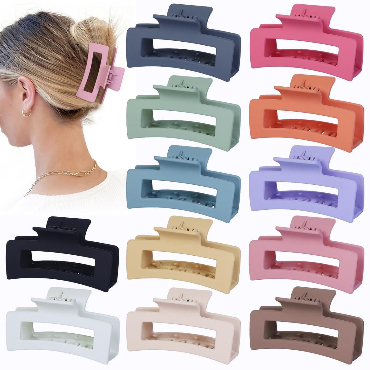 Sisiaipu 3.5 Inch Hair Clips - 12 Pcs Square Jaw Clips for Thick and Thin Hair, Rectangular Hair Accessories for Women and Girls - Neutral