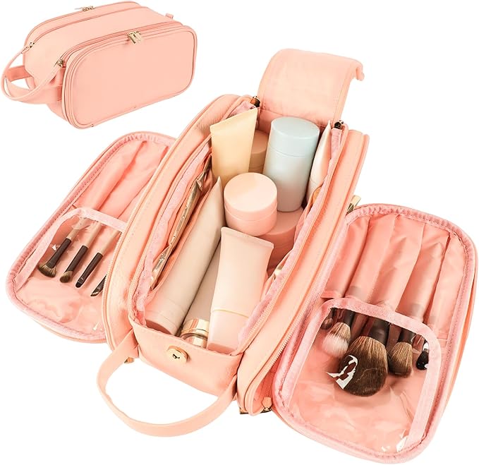 COLGRAM Travel Makeup Bag for Women, Large Capacity Waterproof Cosmetic Bag, Portable Toiletry Bags，Pouch with Divider & Handle