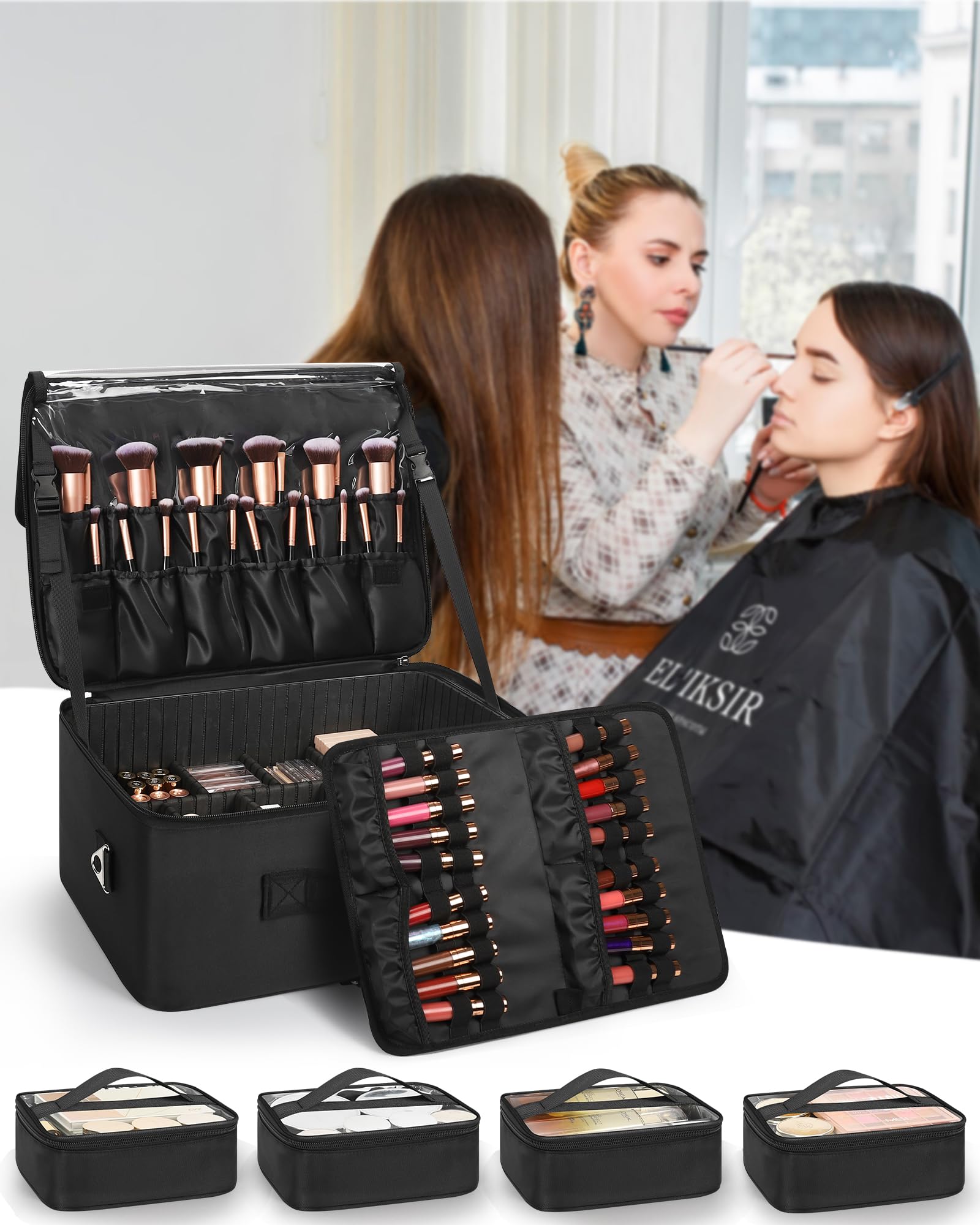 Relavel Extra Large Cosmetic Case, Travel Makeup Bag with 4 Clear Pouches & Lipstick Plate, Portable Cosmetic Case Storage Organizer Box for Makeup Artists with Shoulder Strap & Adjustable Dividers