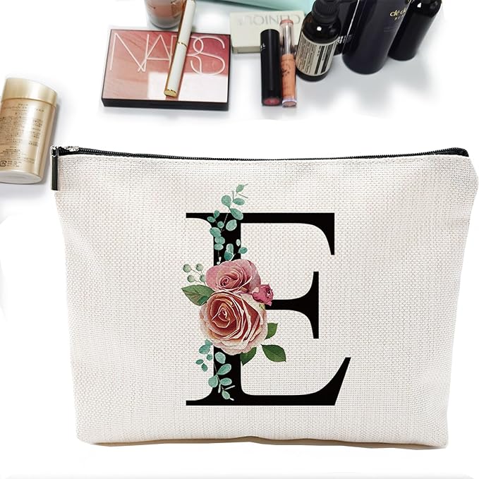 Comanro Initial A-Z Personalized Letter Makeup Bag, Monogrammed Bridesmaid Gifts/Presents Cosmetic Bag, Portable Stationery Storage Organizer Pouch, Friendship Love Travel Makeup Bags