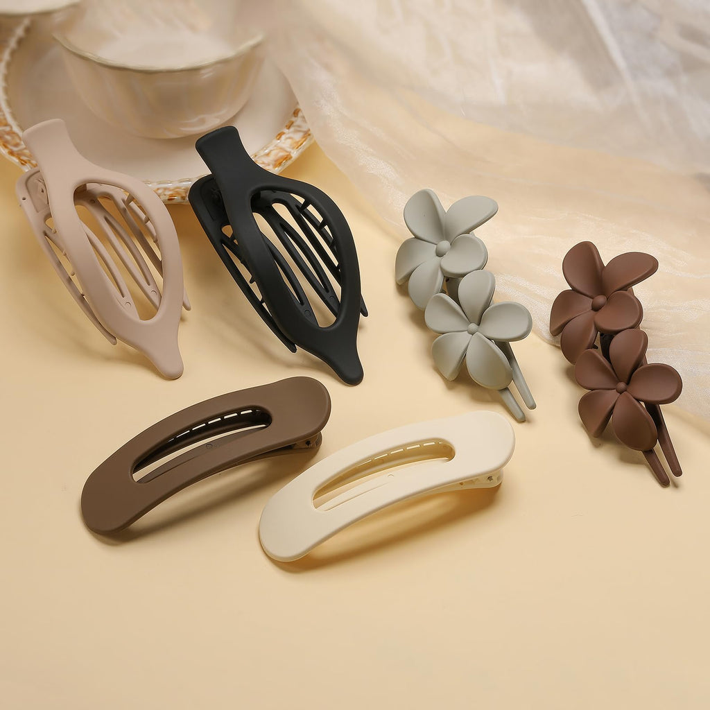 6 Pack Large Flat Claw Clips for Women, French Matte Non Slip Flat Hair Clips, 3 Styles Strong Hold Side Slide Barrettes for Thick Thin Fine Hair, Duckbill No Crease Hair Accessories (Black&White)