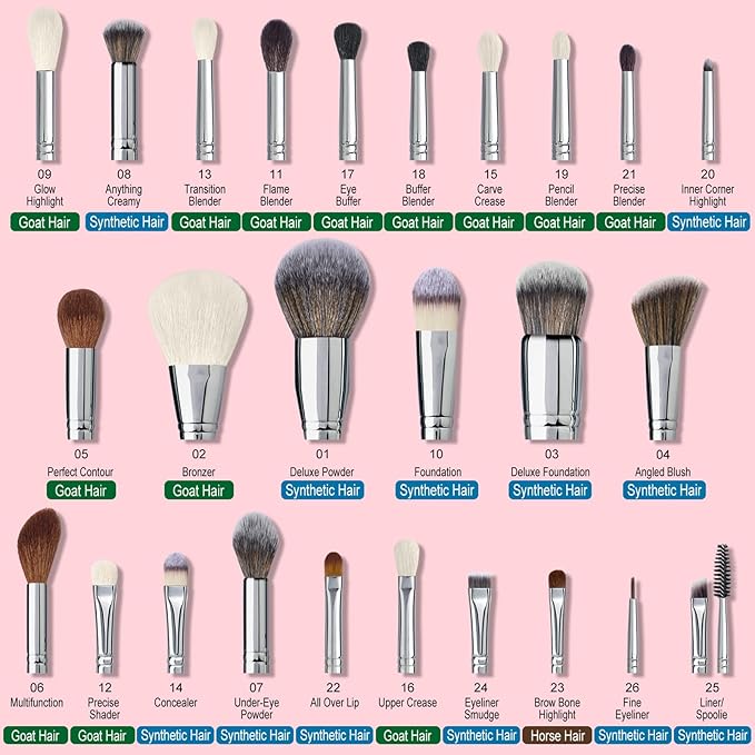 Bueart Design 26Pcs Professiona Makeup Brushes Set Real Natural Goat Hair