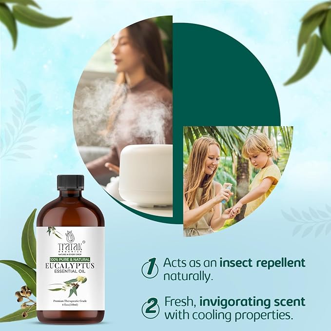 TRATAK ORGANICS 100% Pure Natural Undiluted Eucalyptus Essential Oil (4oz) Premium Therapeutic Grade Aromatherapy