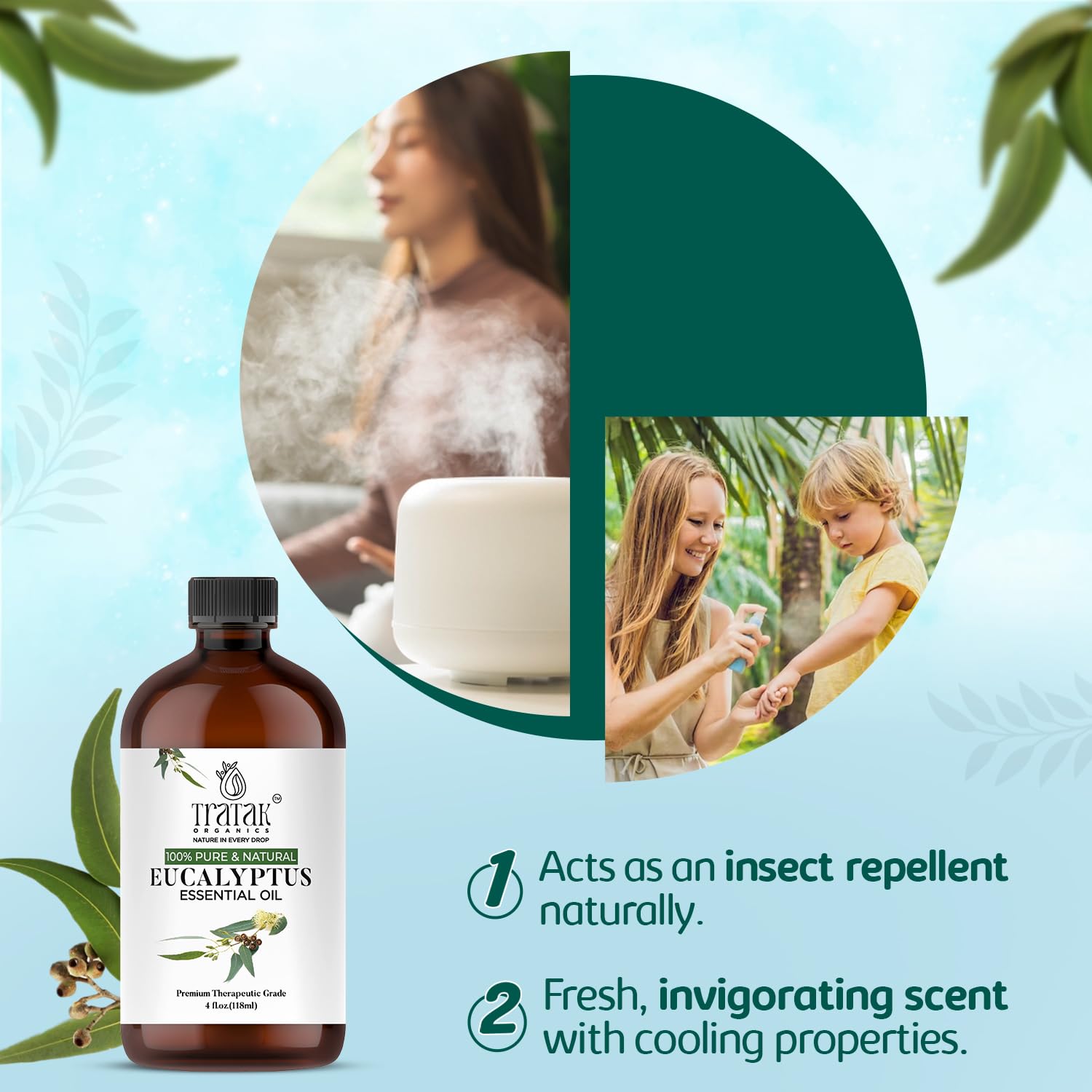 TRATAK ORGANICS 100% Pure Natural Undiluted Eucalyptus Essential Oil (4oz) Premium Therapeutic Grade Aromatherapy