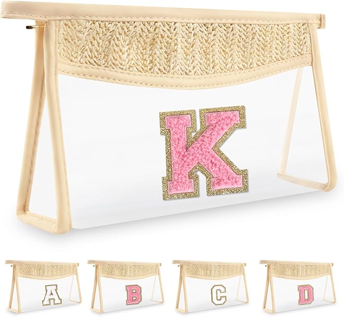 Small Boho Straw Initial Letter Makeup Bag Personalized Gift,Cute Clear Chenille Patch Makeup Bag With Zipper,Trendy TSA Approved Travel Toiletry Bag,Gift for Women Girls Birthday Friend, Letter K