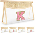 Small Boho Straw Initial Letter Makeup Bag Personalized Gift,Cute Clear Chenille Patch Makeup Bag With Zipper,Trendy TSA Approved Travel Toiletry Bag,Gift for Women Girls Birthday Friend, Letter K