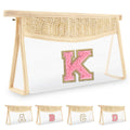 Small Boho Straw Initial Letter Makeup Bag Personalized Gift,Cute Clear Chenille Patch Makeup Bag With Zipper,Trendy TSA Approved Travel Toiletry Bag,Gift for Women Girls Birthday Friend, Letter K