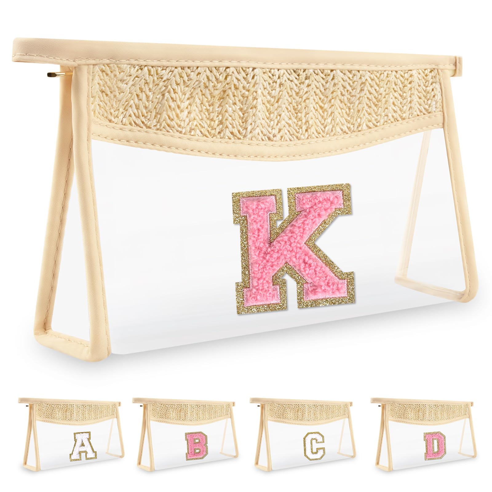 Small Boho Straw Initial Letter Makeup Bag Personalized Gift,Cute Clear Chenille Patch Makeup Bag With Zipper,Trendy TSA Approved Travel Toiletry Bag,Gift for Women Girls Birthday Friend, Letter K