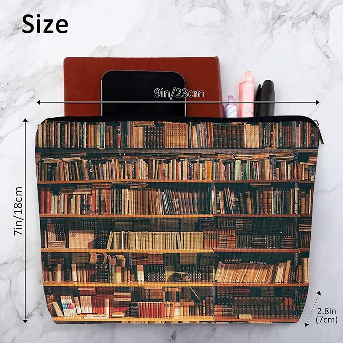 Kalygon Vintage Library Bookshelf Makeup Bag for Purse, Travel Toiletry Pouch, Cosmetic Organizer, Old Books Pattern Flax Pencil Case for Men and Women