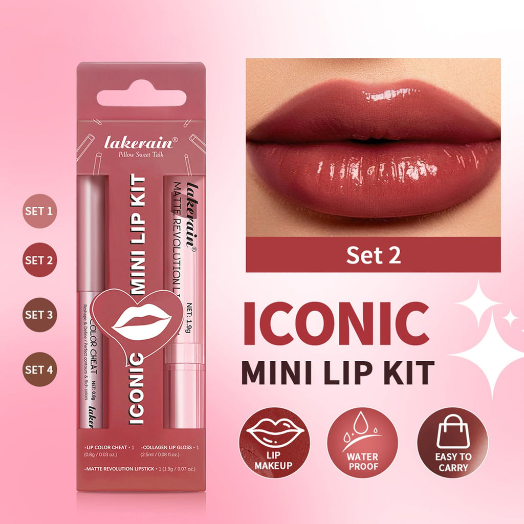 3PCS Lip Liner and Lipstick Combo Set - Matte Lip Liner Pencil, Velvet Matte Lipstick & Hydrating Collagen Lip Gloss - Long-Lasting, Smudge-Proof, High Pigment Nude Brown Lip Makeup Kit (#2 Red Rose)