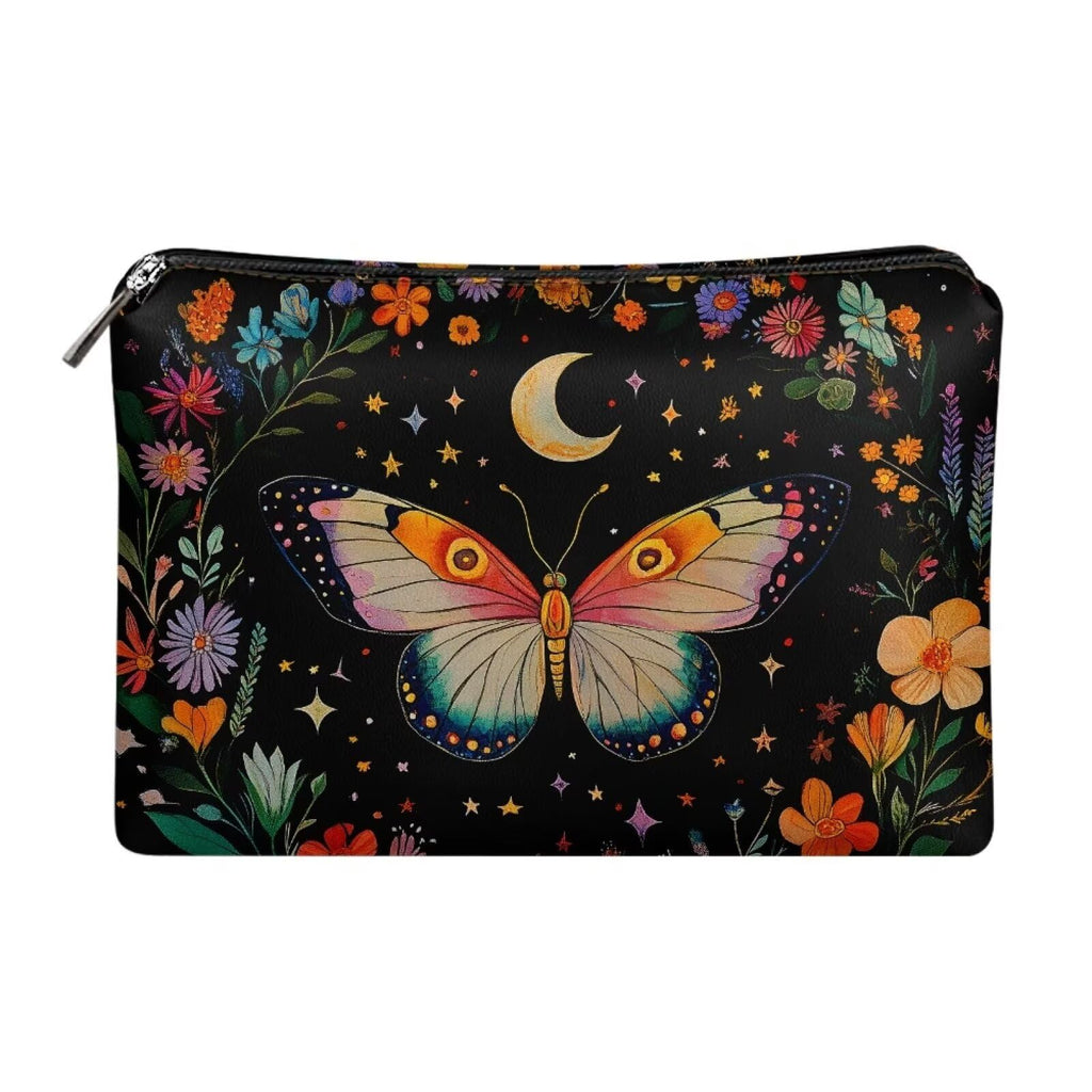COEQINE Gothic Cosmetic Purses Leather Case for Women Trendy Butterfly Moon Goth Cosmetic Bags for Women Travel Black Floral Makeup Organizer Pouch With Zipper