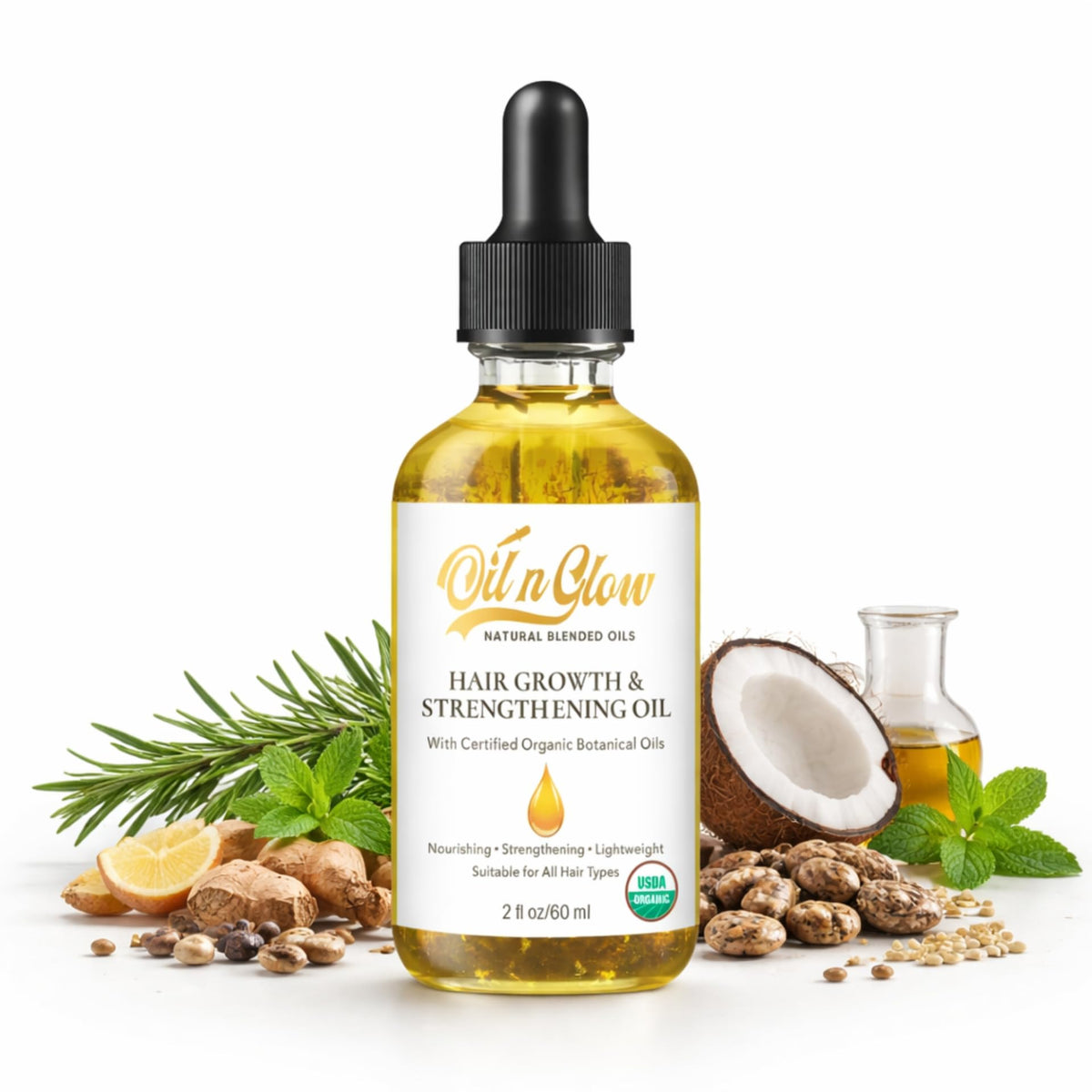 OilnGlow 8 in 1 Natural Hair Growth & Strengthening Oil with Rosemary, Castor, Vegan Jojoba, Coconut, Grape Seed, Ginger & Scalp DHT Blocker Peppermint Oil -2 FL
