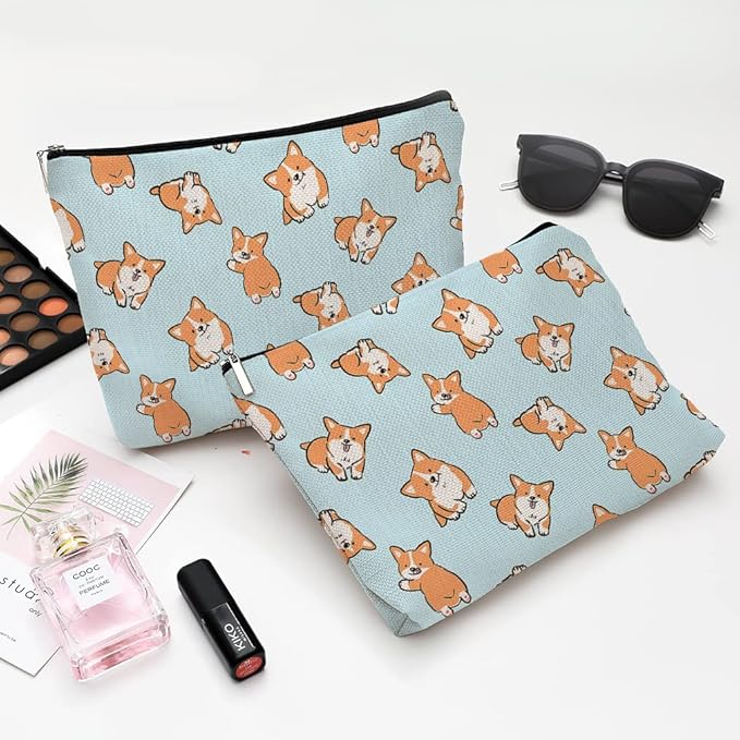 Givotin Cute Makeup Bag for Purse Canvas Waterproof Funny Cosmetic Bags for Women Zipper Travel Toiletry Pouch-Corgi Makeup Bags
