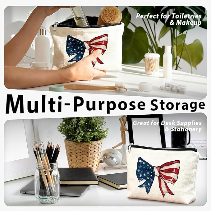 LIANGW Coquette American Flag Bow Makeup Bag, Gifts for Patriotic Women Cosmetic Bag, Preppy Red White and Blue Bow Small Toiletry Bags Zipper Makeup Pouch