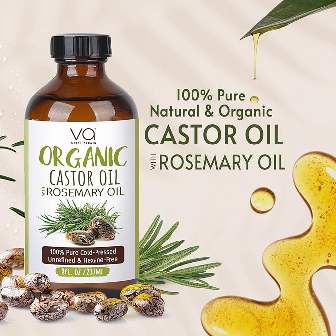 Organic Castor Oil with Rosemary Oil 8oz Glass Bottle For Hair Growth